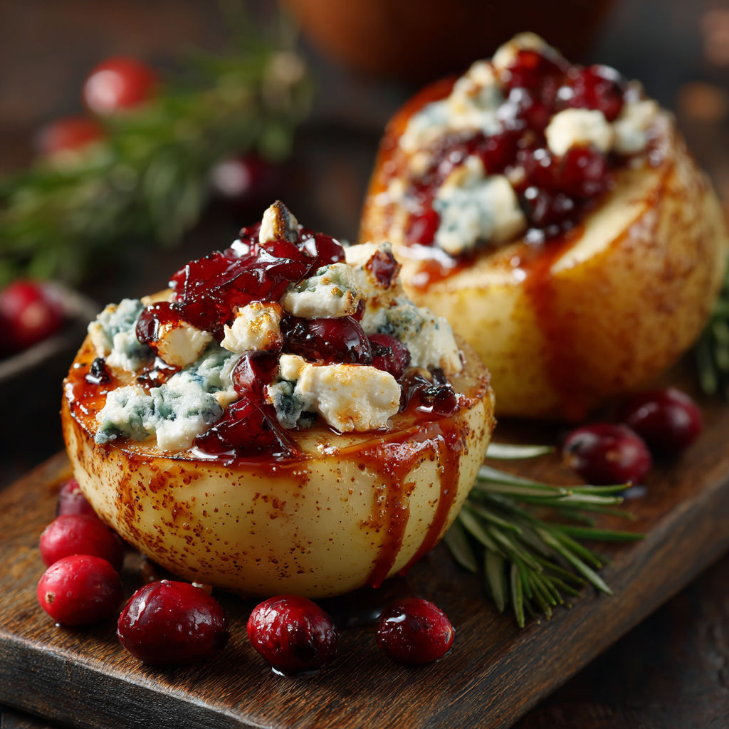 Two baked pears with feta, honey, and cranberries.