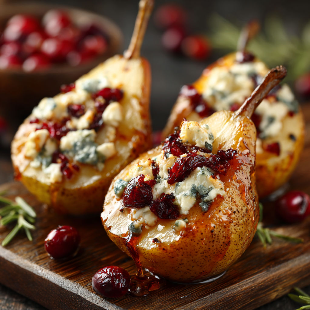 Baked pears with feta, honey, and cranberries.