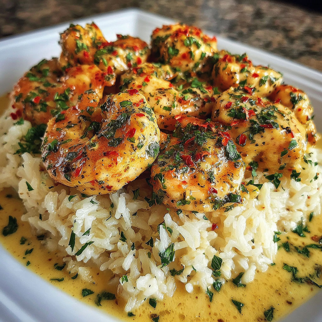 A plate of chicken scampi with creamy garlic parmesan rice.