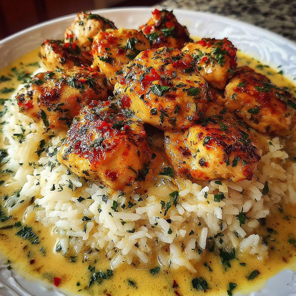 A plate of chicken scampi with creamy garlic parmesan rice.