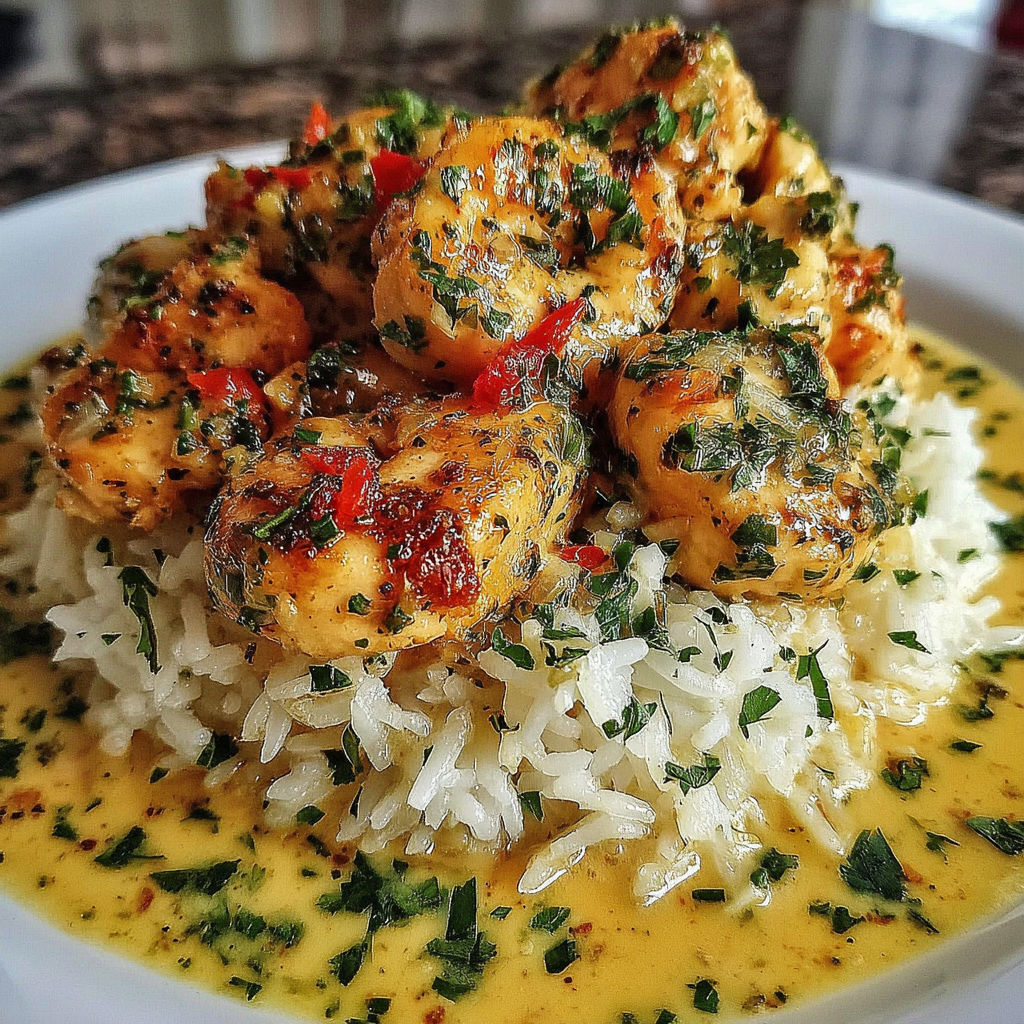 A plate of shrimp with rice and a creamy garlic parmesan sauce.