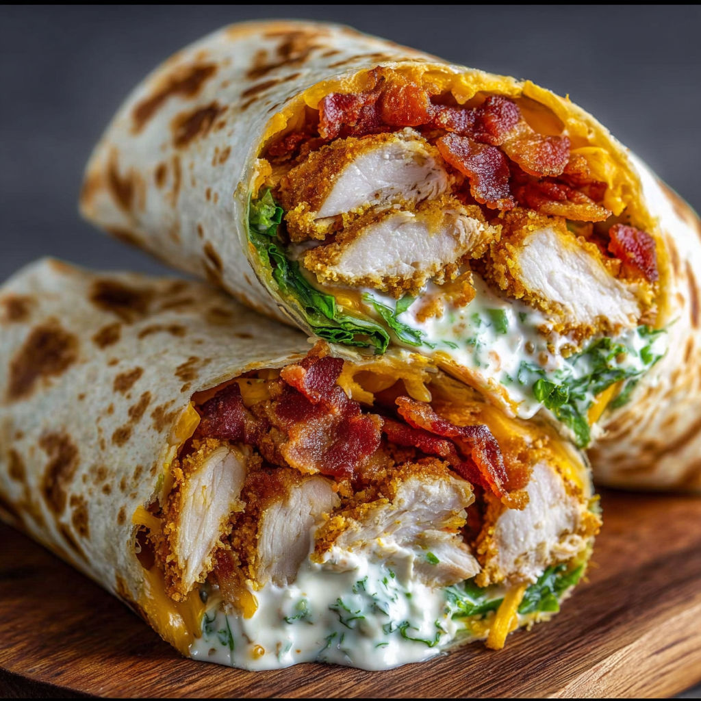 A homemade crispy bacon ranch wrap.