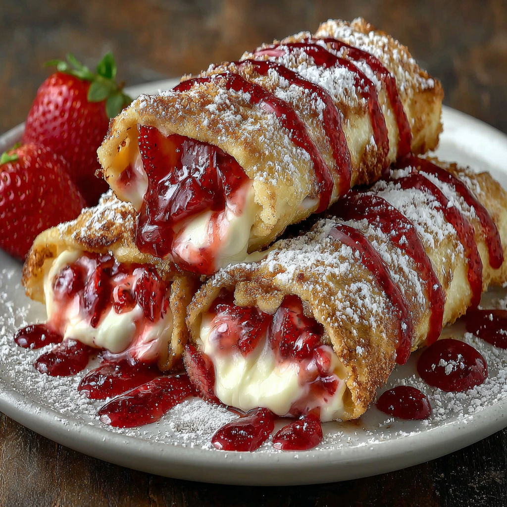 A plate of strawberry cheesecake chimichangas.