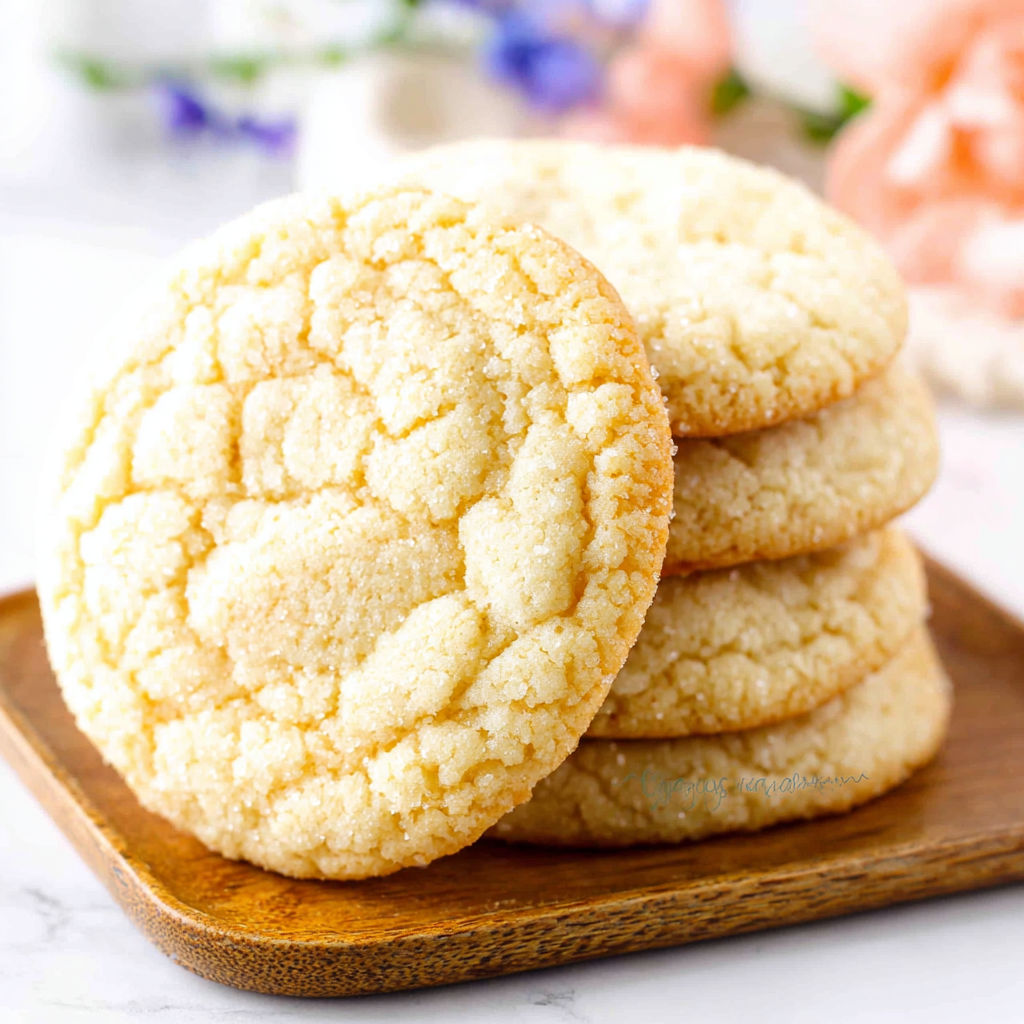 A stack of white cookies on a wooden tray.