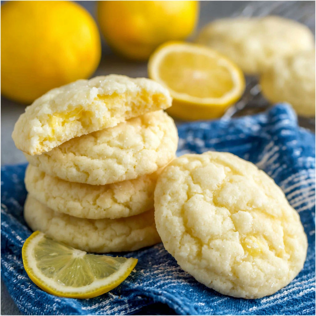 A stack of lemon cookies with a lemon wedge on top.