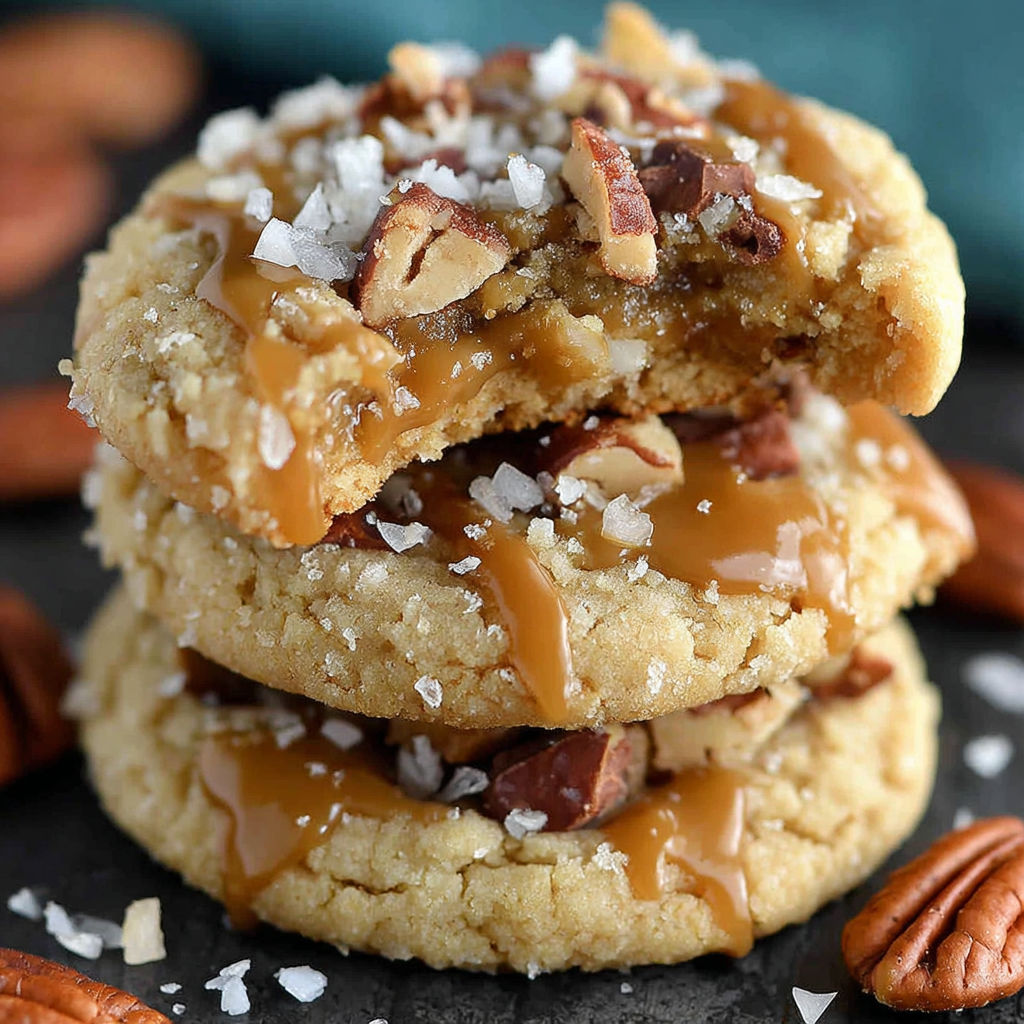Salted caramel crunch cookies stacked on a black surface.