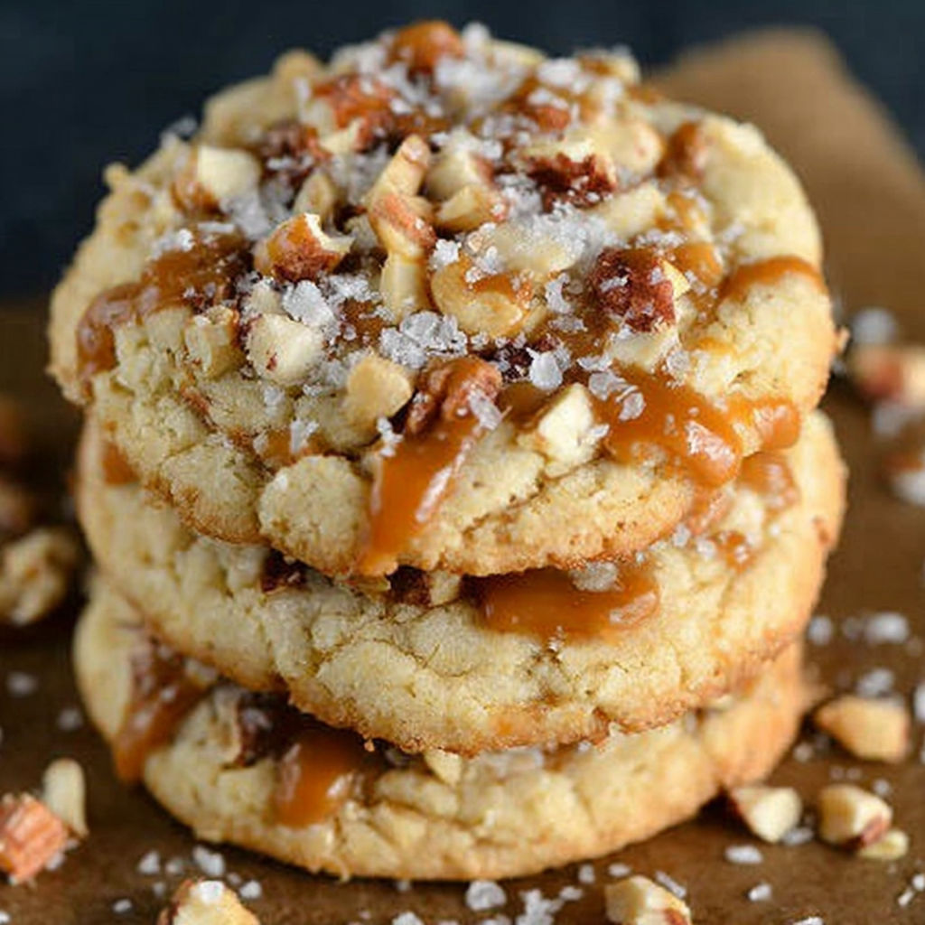 A stack of cookies with caramel sauce drizzled on top.