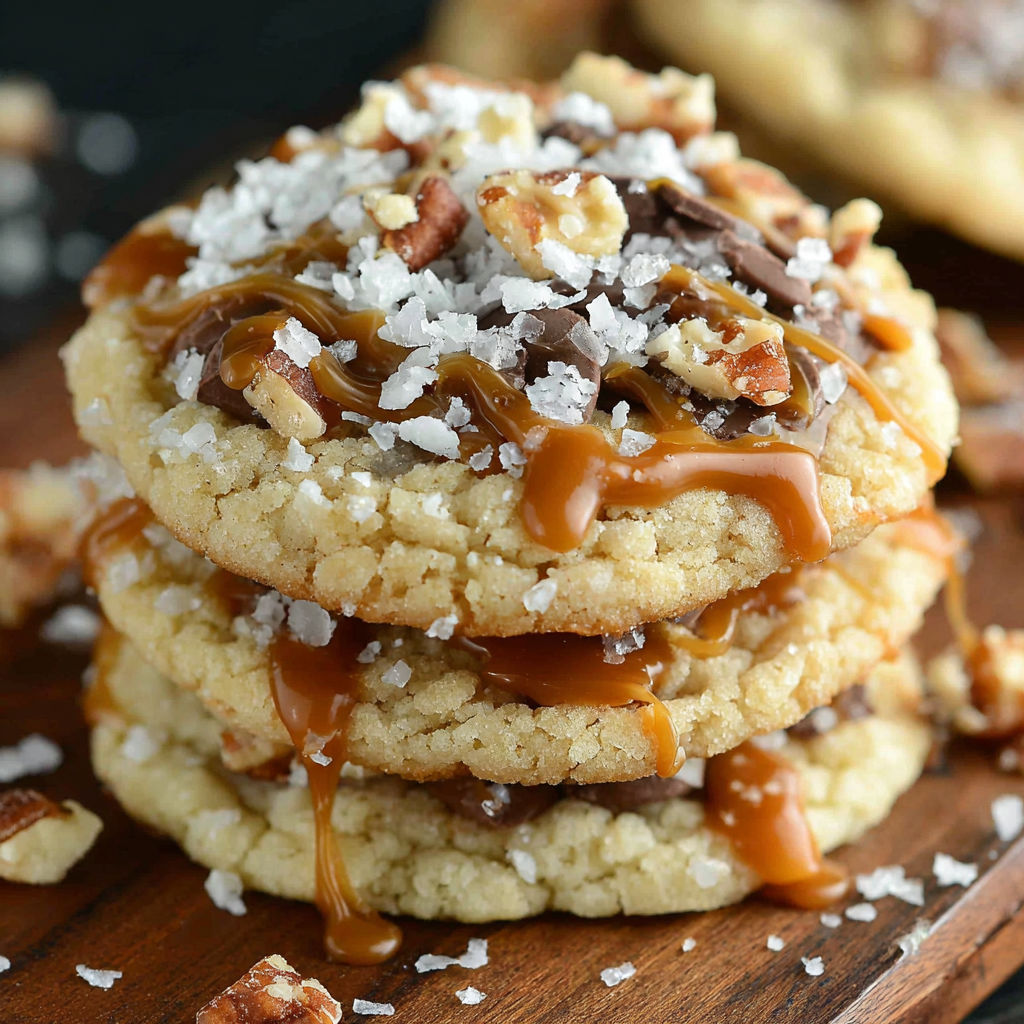 A stack of cookies with caramel drizzled on top.