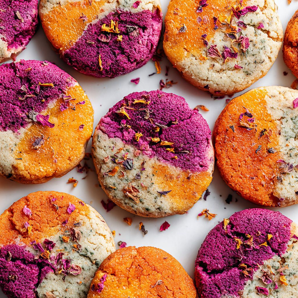 A close up of a cookie with a purple and orange swirl.