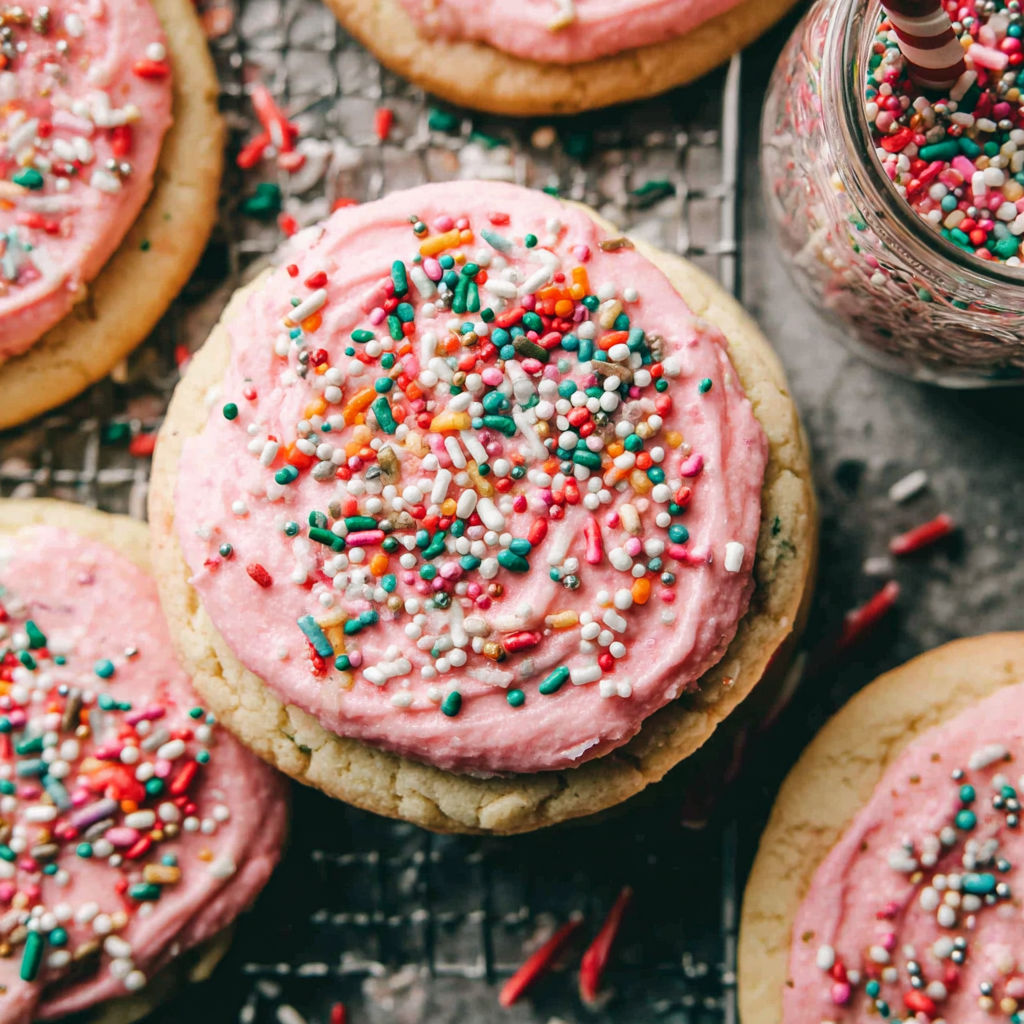 A plate of pink frosted cookies.