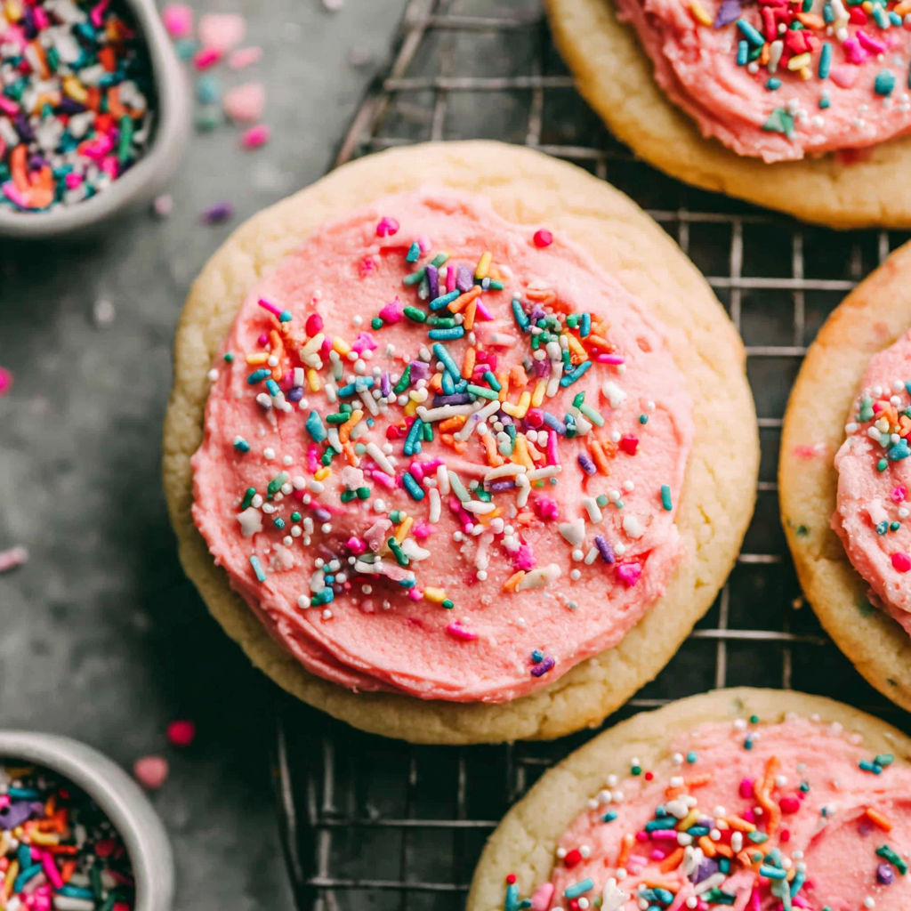 A cookie with pink frosting and sprinkles.