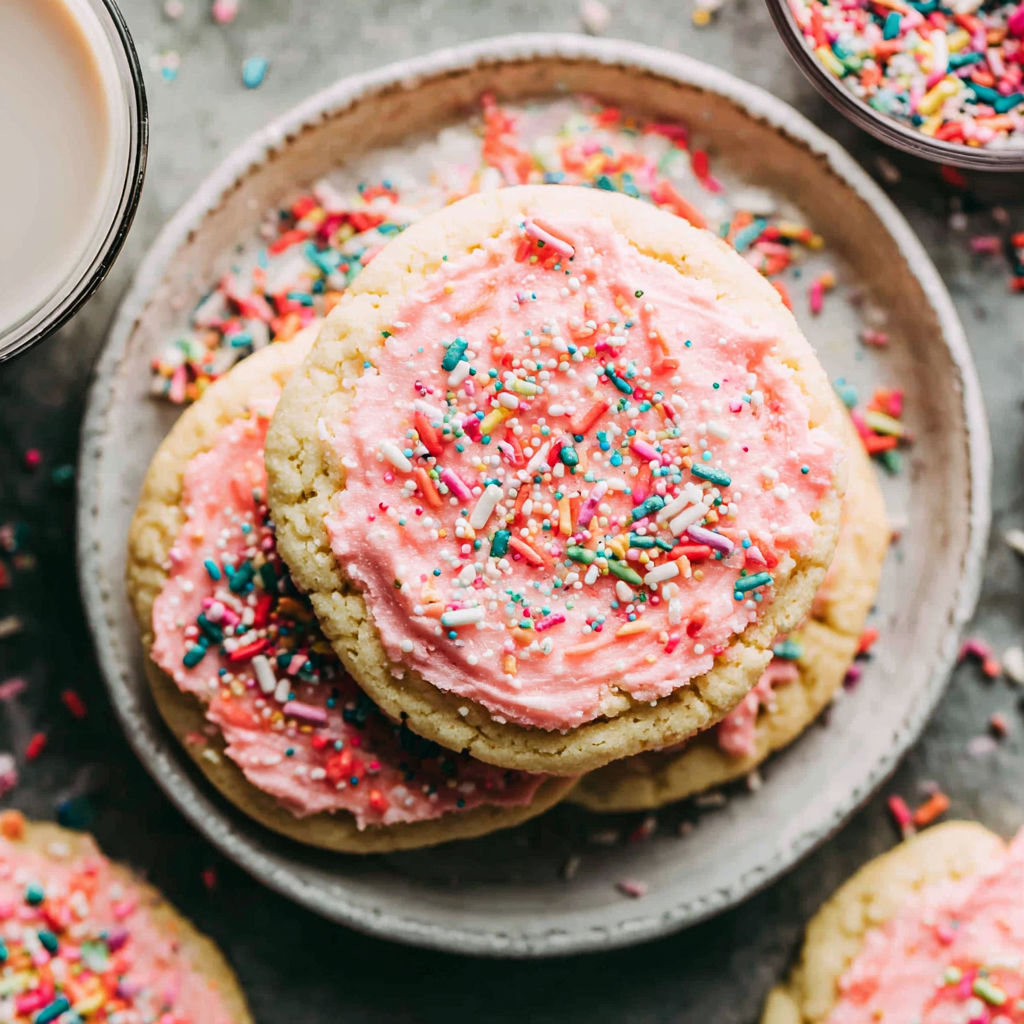 A pink frosted cookie with sprinkles on top.