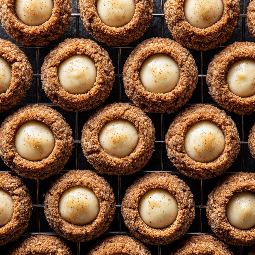 A close up of a cookie with a white egg yolk in the center.