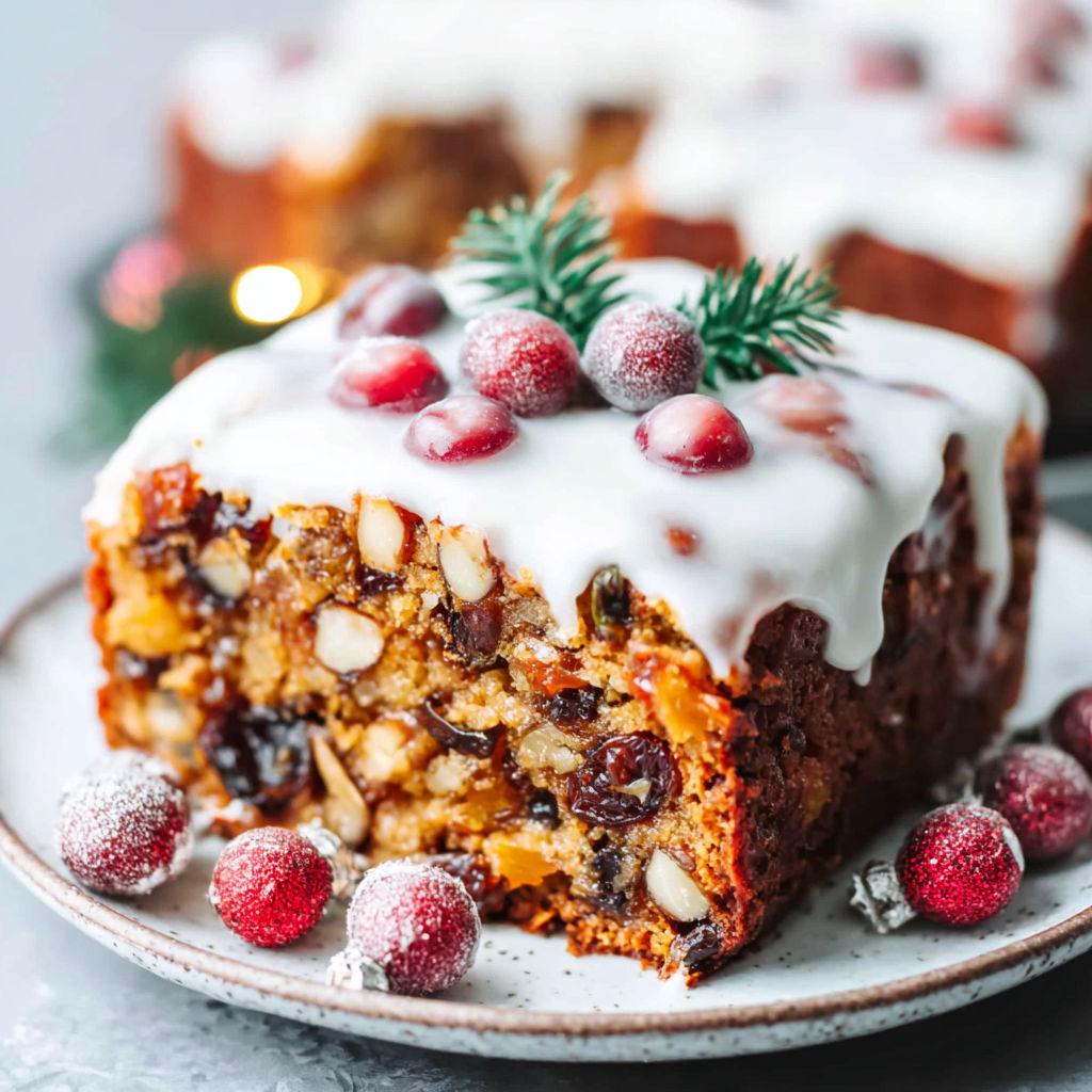 A slice of cake with white frosting and red berries.