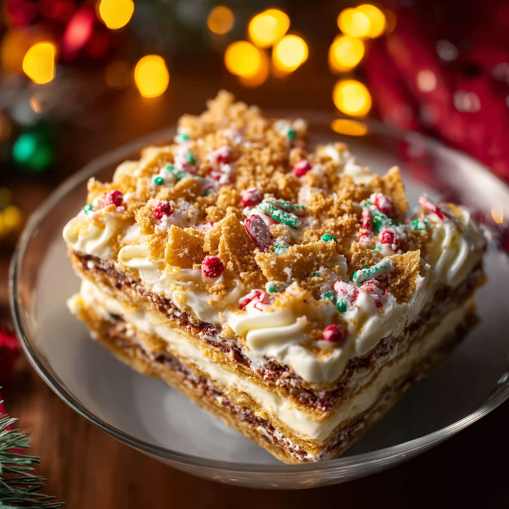A slice of cake with white frosting and red and green sprinkles.