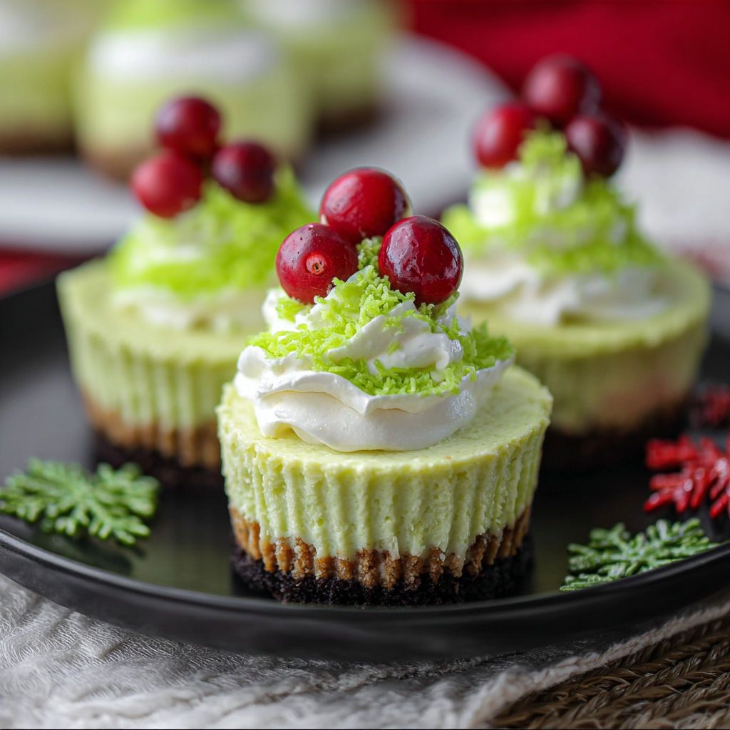 Three mini cheesecakes with green and red toppings.