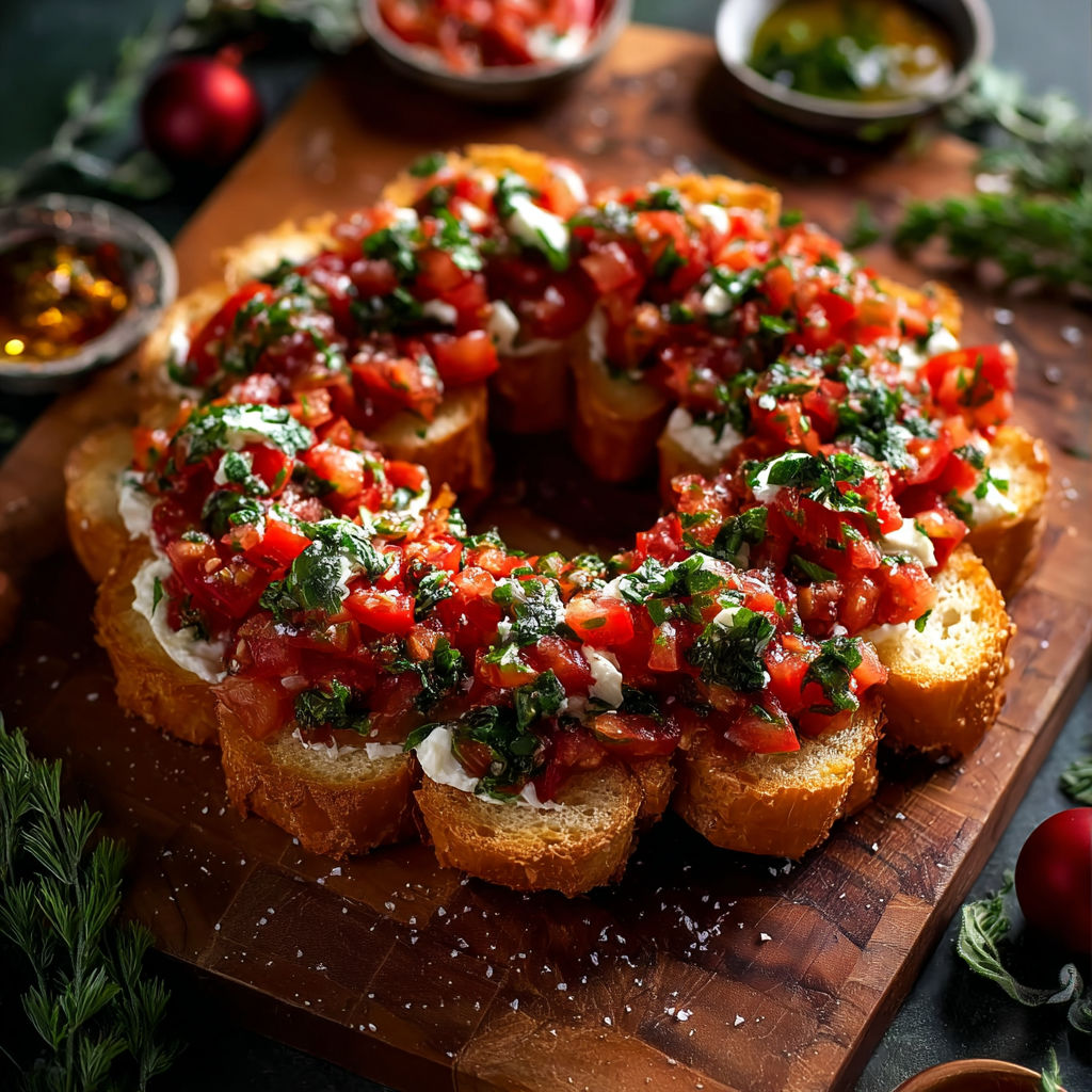 A simple Christmas bruschetta wreath.