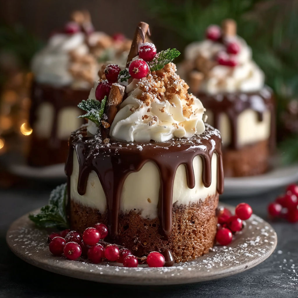 A chocolate cake with white frosting and red berries.