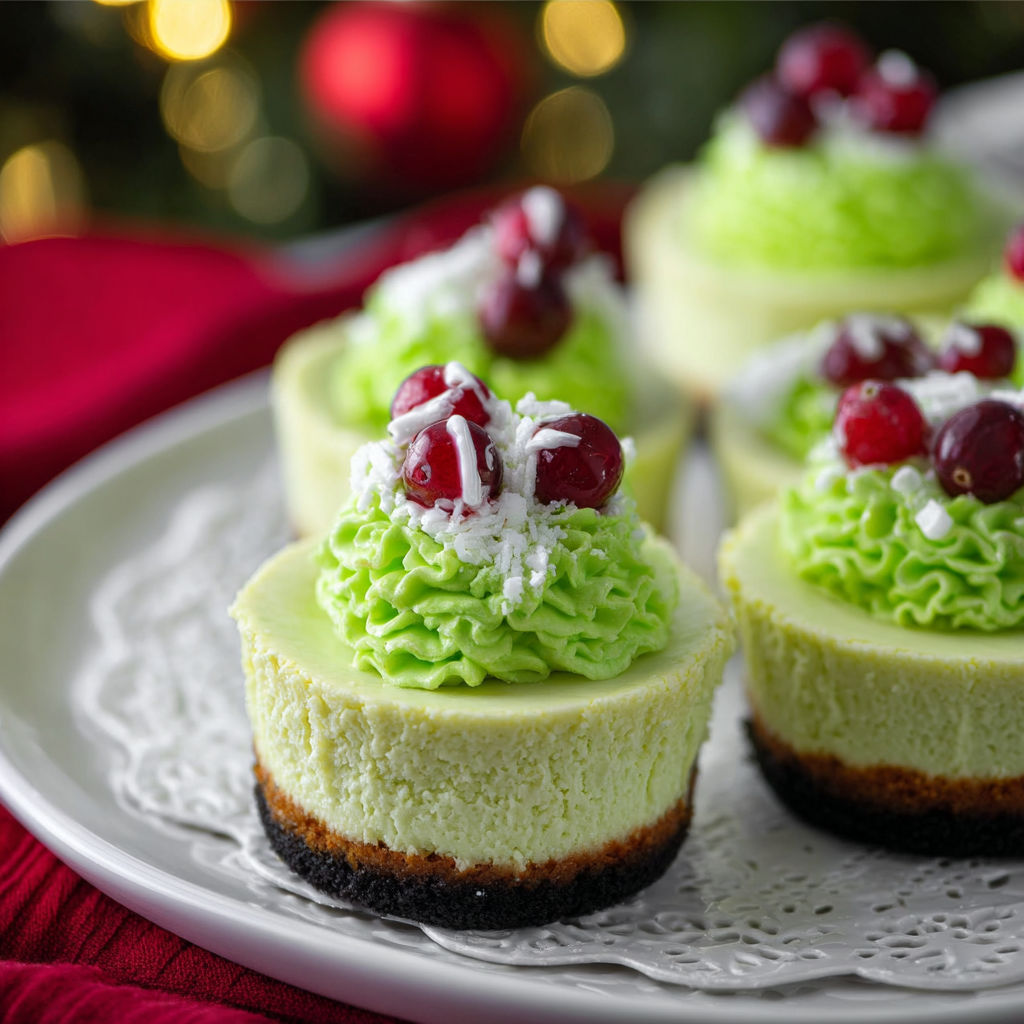 A plate of green and white cakes with red berries on top.
