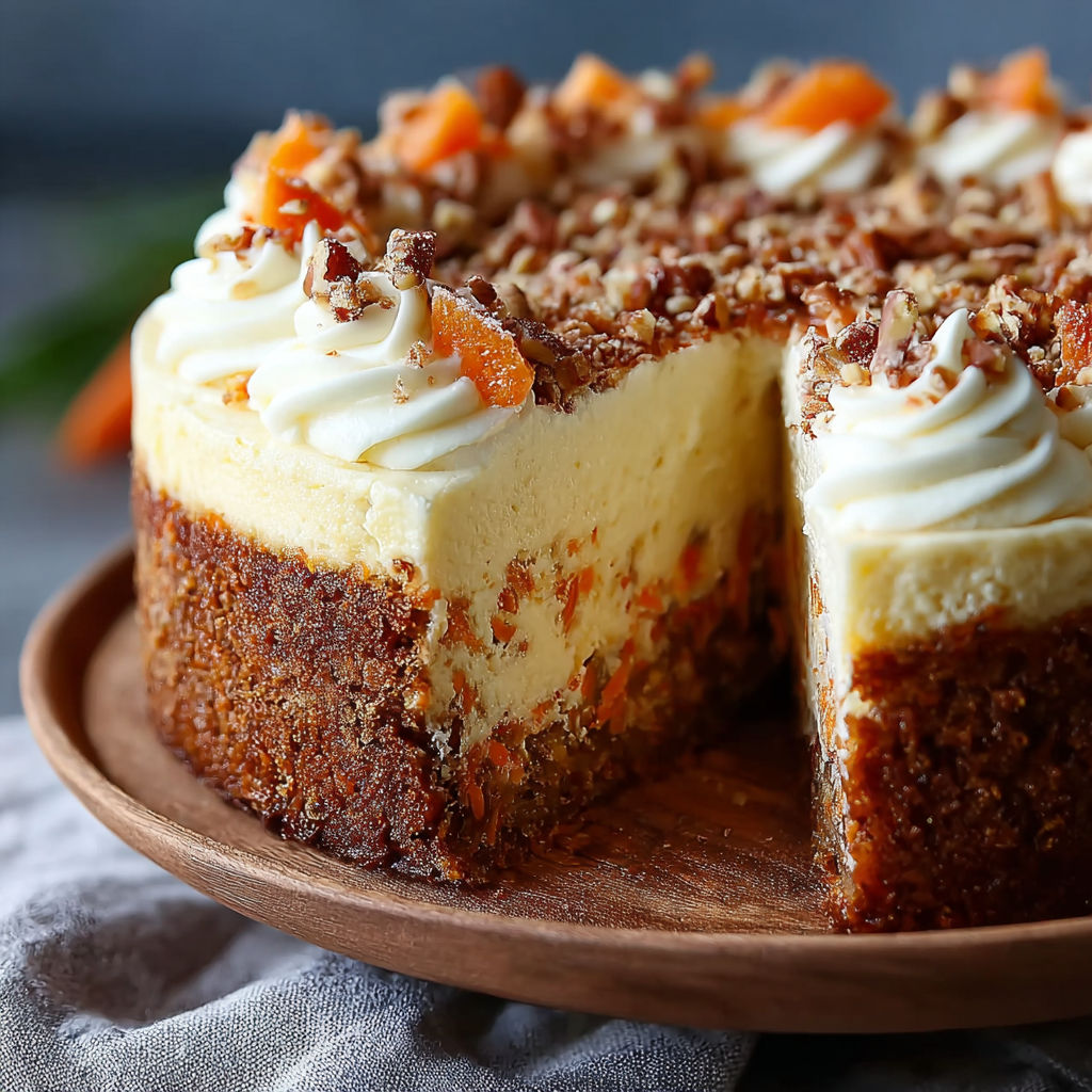 A slice of carrot cake cheesecake on a wooden platter.