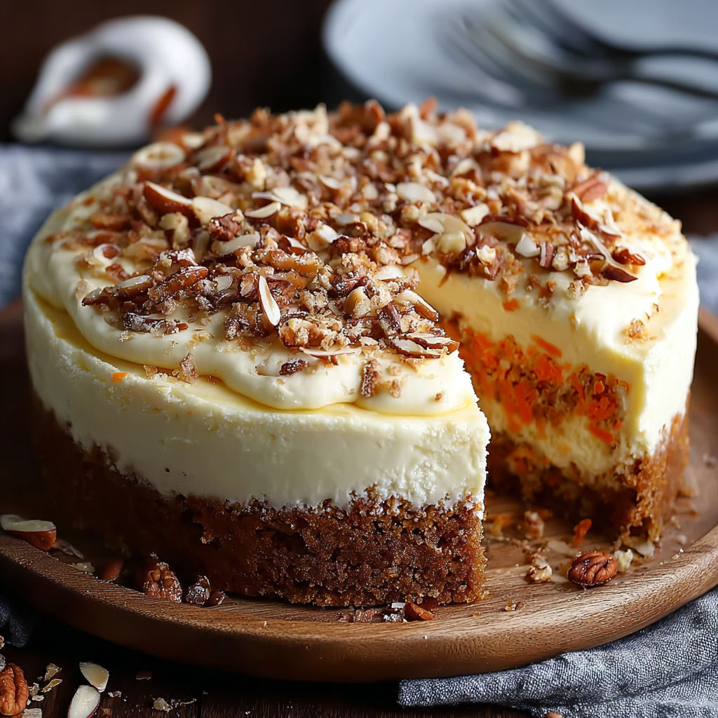 A slice of carrot cake cheesecake on a wooden plate.