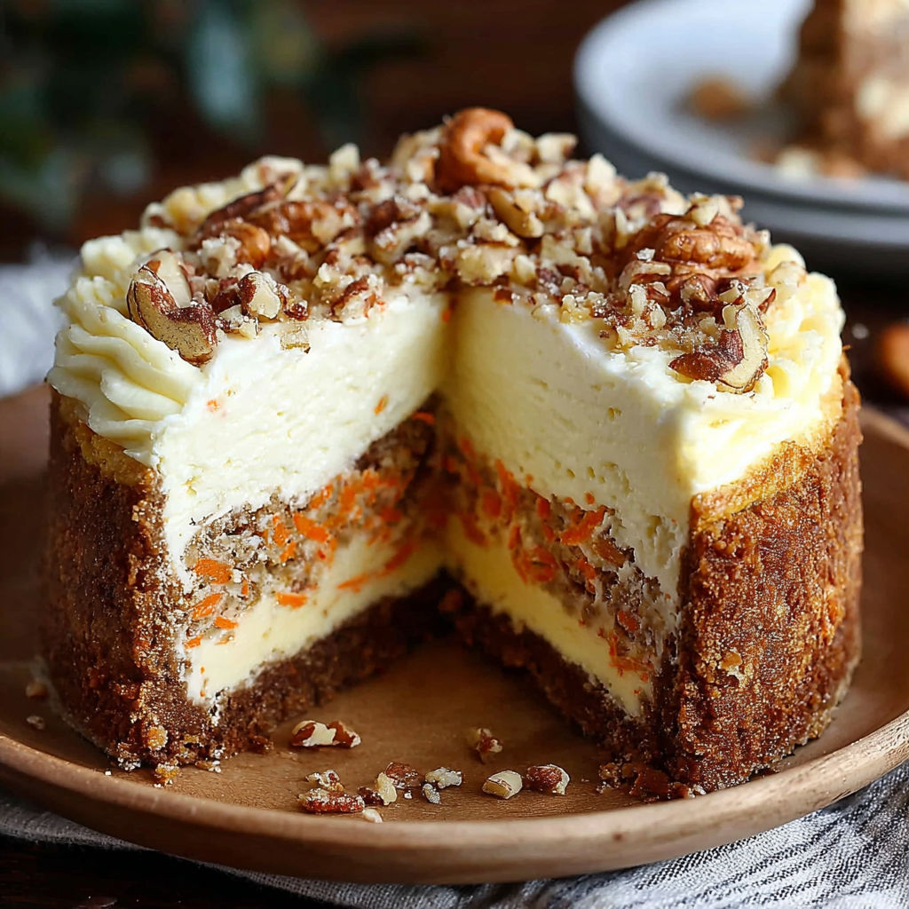 A slice of carrot cake cheesecake on a plate.
