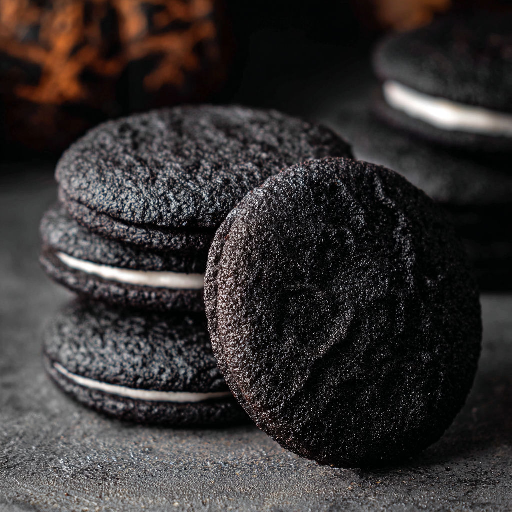 A close up of two black velvet cheesecake cookies.