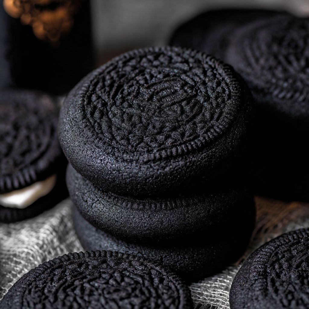 A stack of black Oreo cookies.