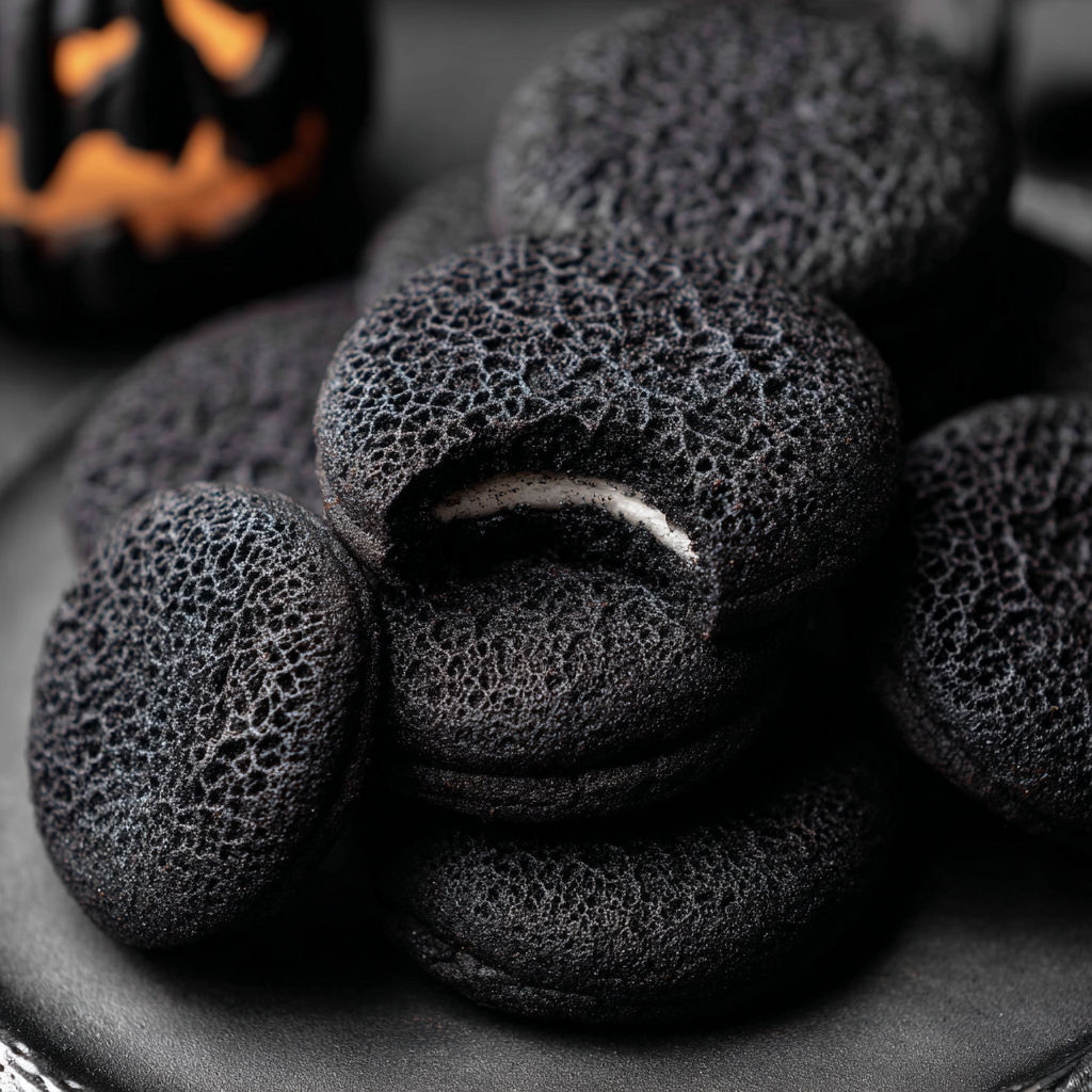 A plate of black cookies.