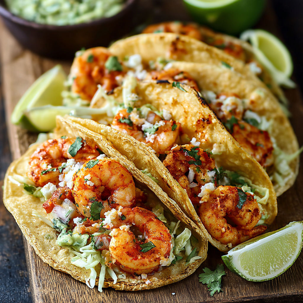 Shrimp tacos on a wooden table.