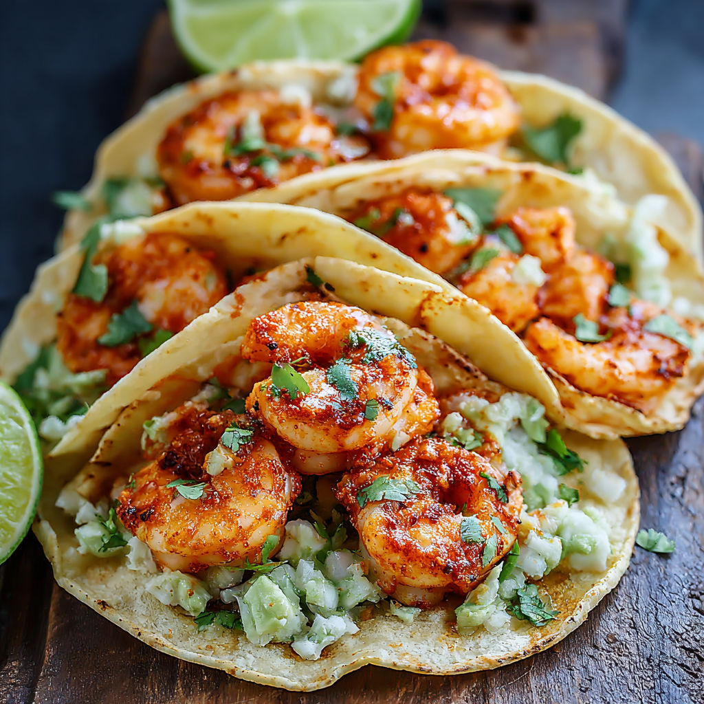A close up of a shrimp taco with lime wedges.