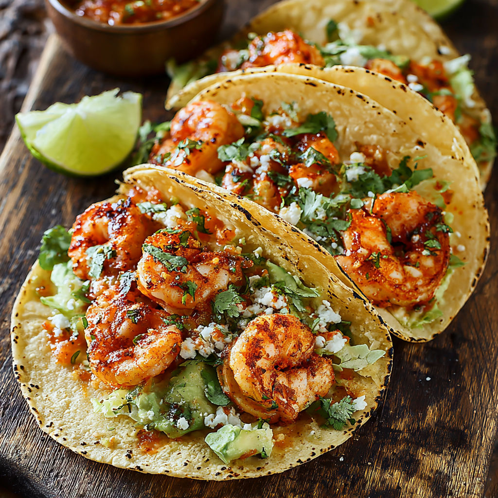 A plate of shrimp tacos with a bowl of sauce.