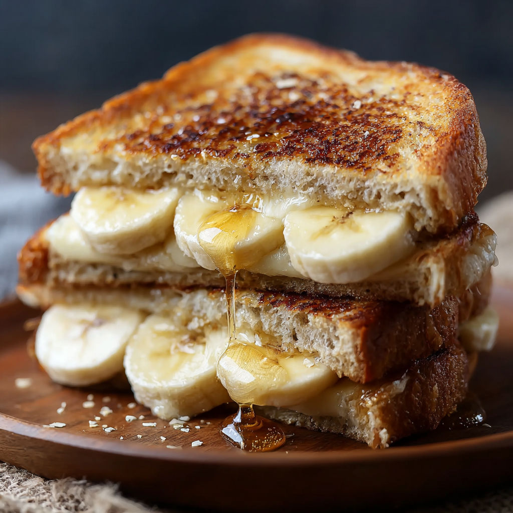 A grilled cheese sandwich with bananas and honey.