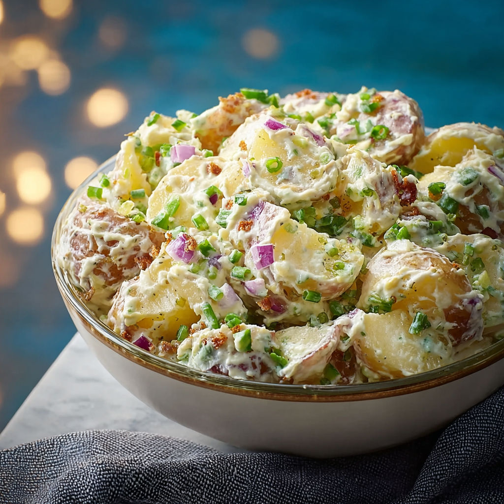 A bowl of food with potatoes and other vegetables.