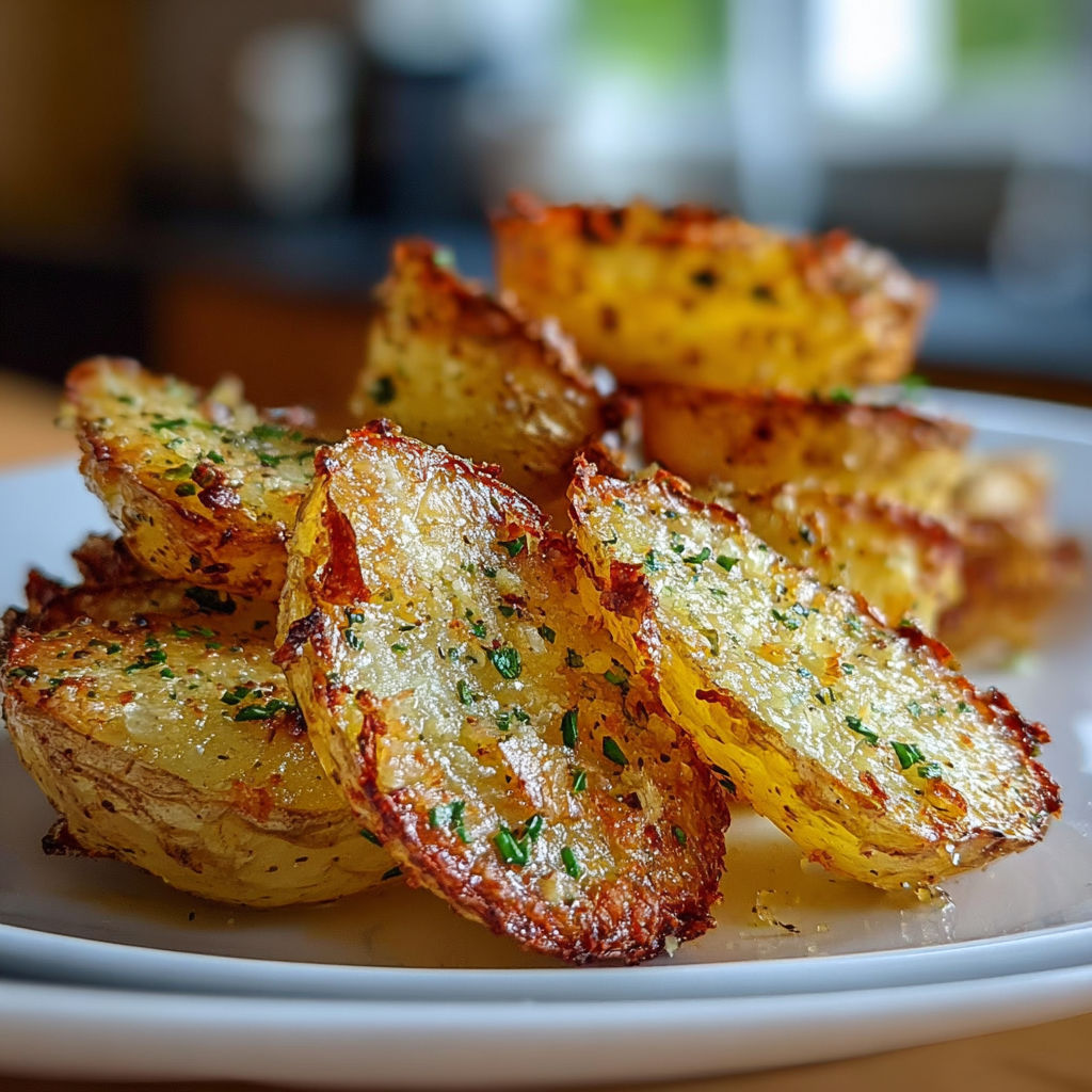 A plate of fried potatoes with herbs on top.