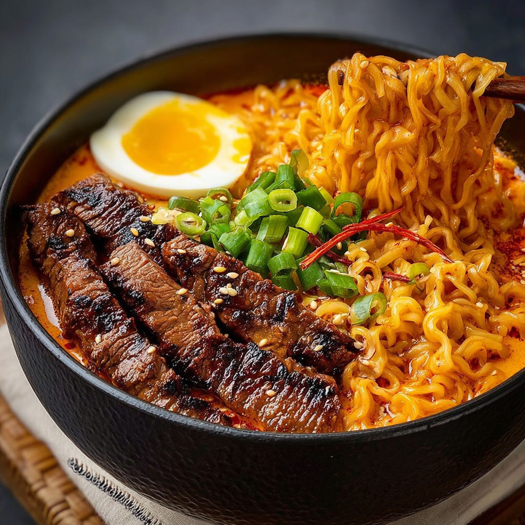 A bowl of spicy Korean ramen with grilled beef and creamy sauce.