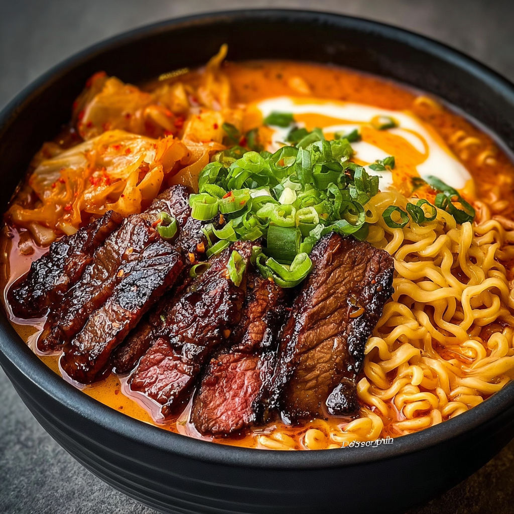 A bowl of spicy Korean ramen with grilled beef and creamy sauce.