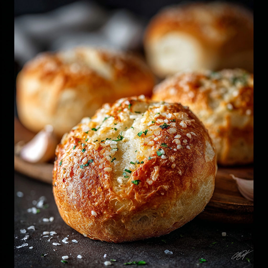 Garlic knots on a wooden table.