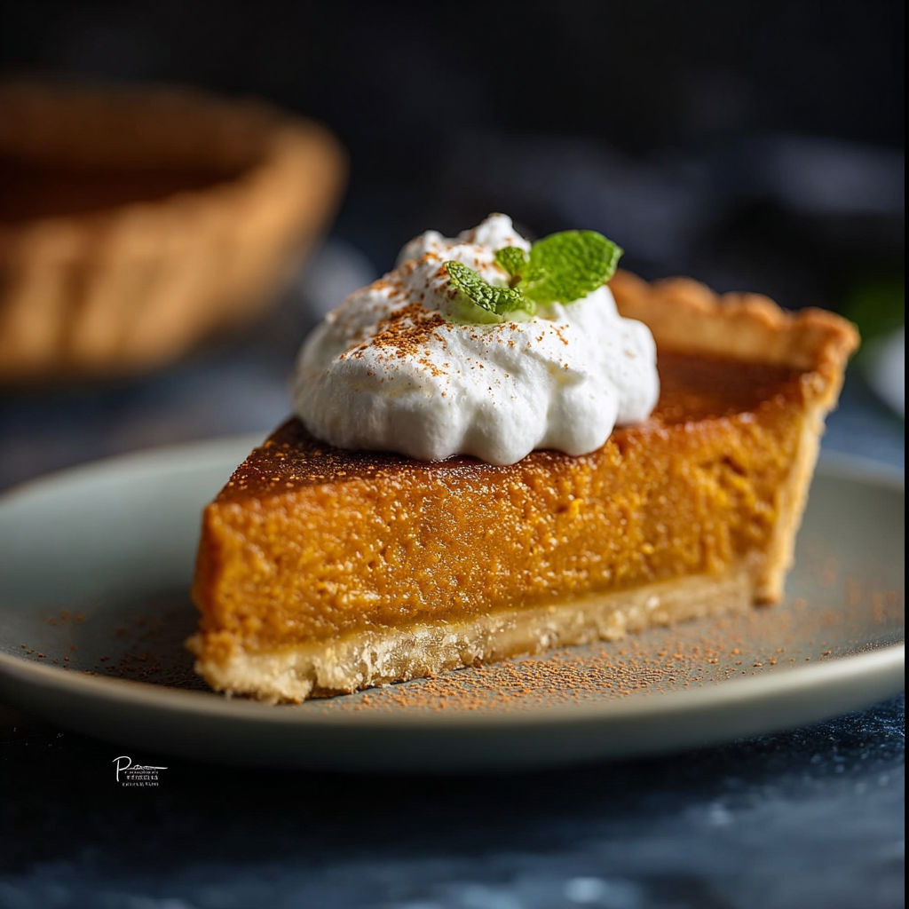 A slice of pumpkin pie with whipped cream on top.