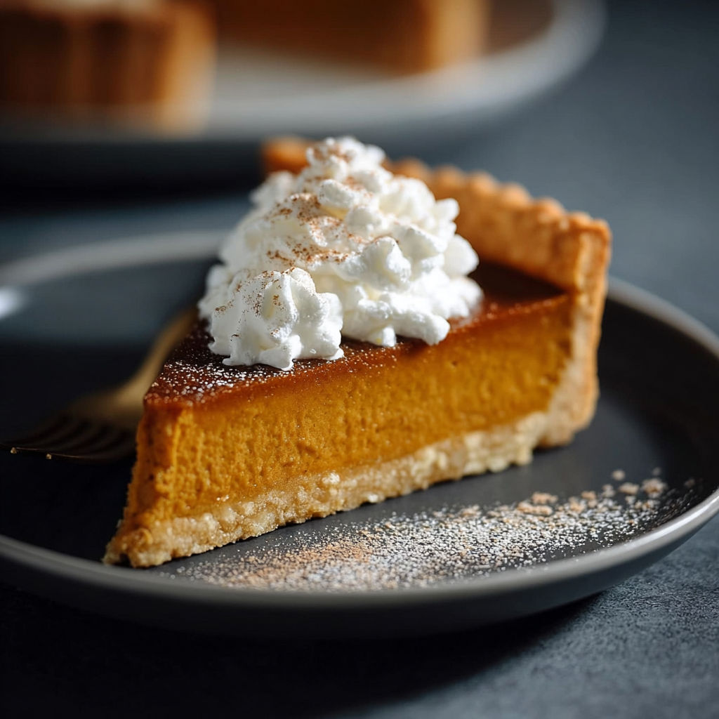 A slice of pumpkin pie with whipped cream on top.