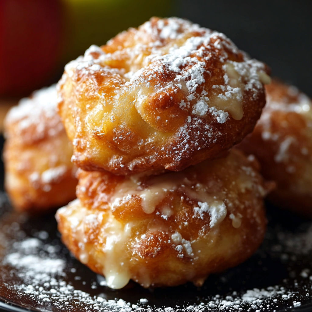 Three baked apple donuts with powdered sugar.