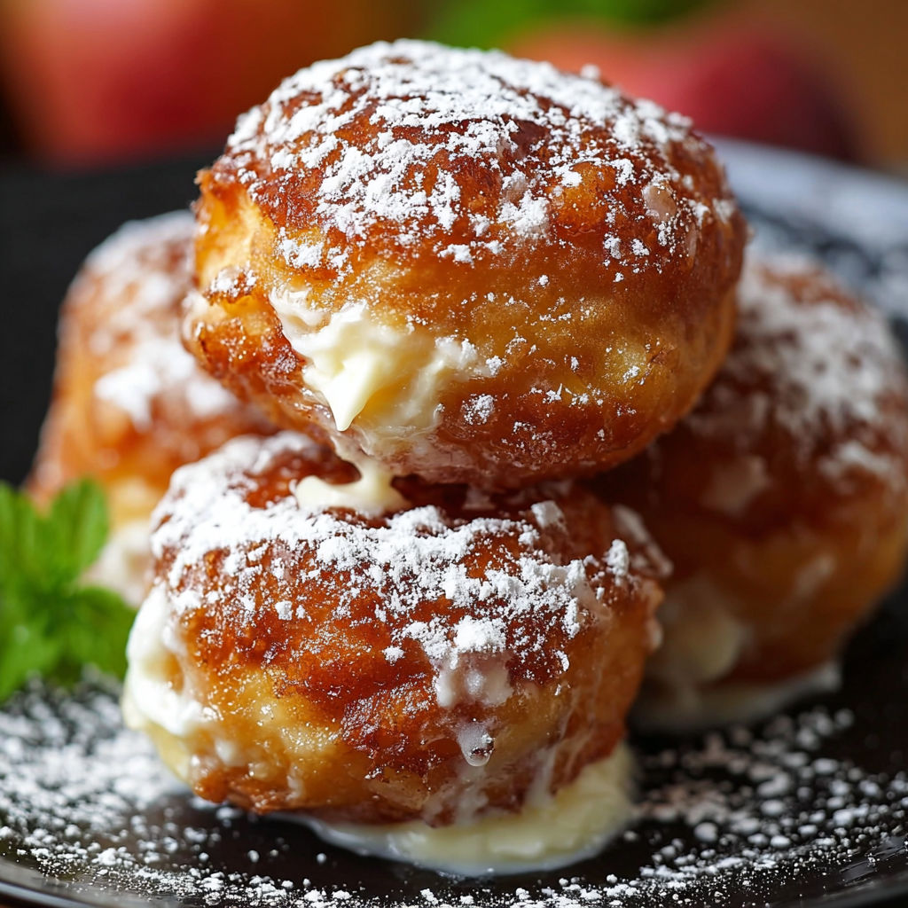 A stack of powdered donuts with white frosting.