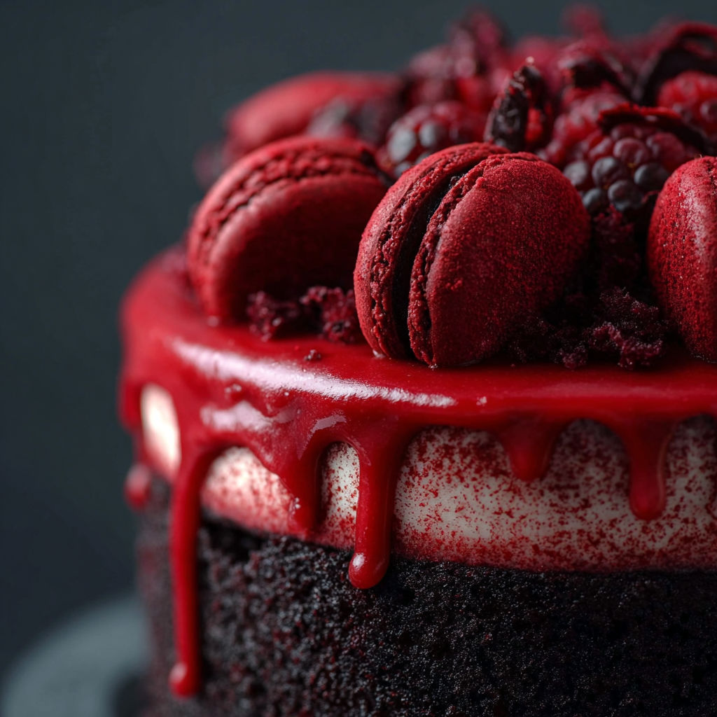 A slice of red velvet cake with chocolate frosting.