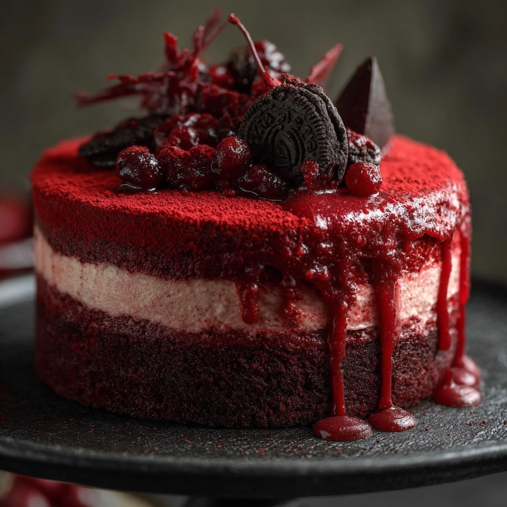 A slice of red velvet cake with chocolate and raspberry toppings.