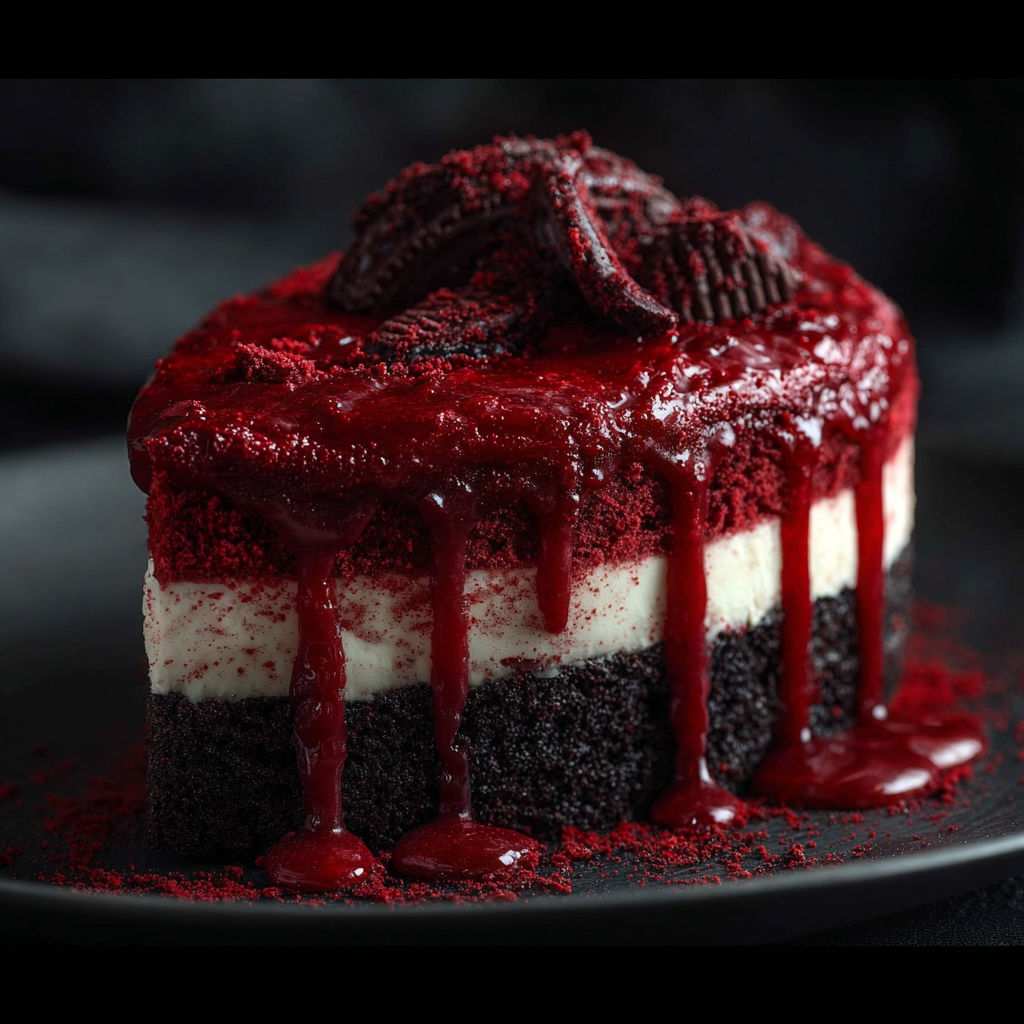 A slice of cake with red icing and chocolate.