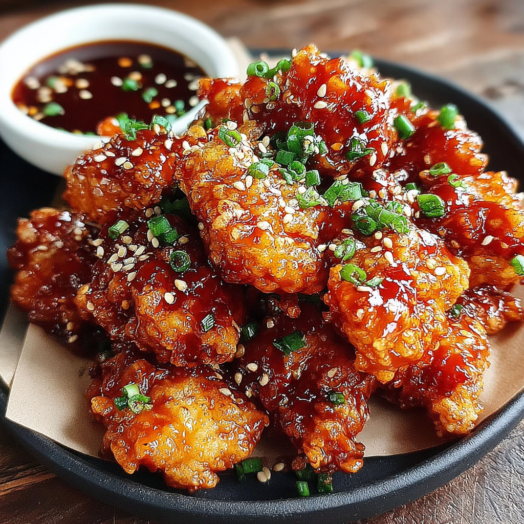 A plate of sweet and spicy Korean fried chicken.