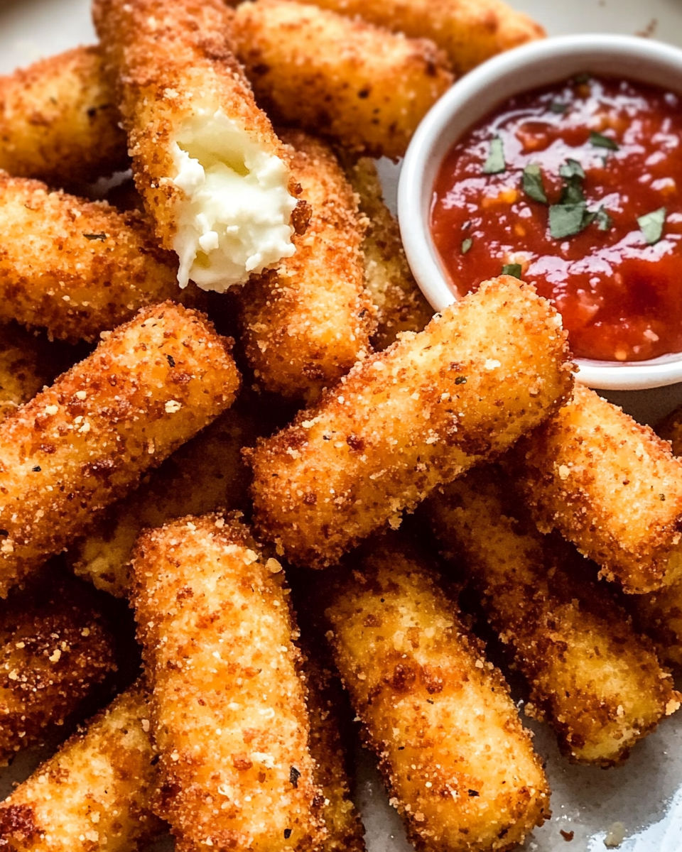 A plate of cheesy mozzarella sticks with a side of ketchup.