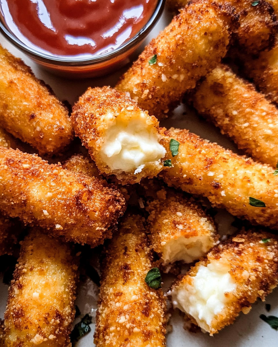 A plate of cheesy mozzarella sticks with a side of ketchup.