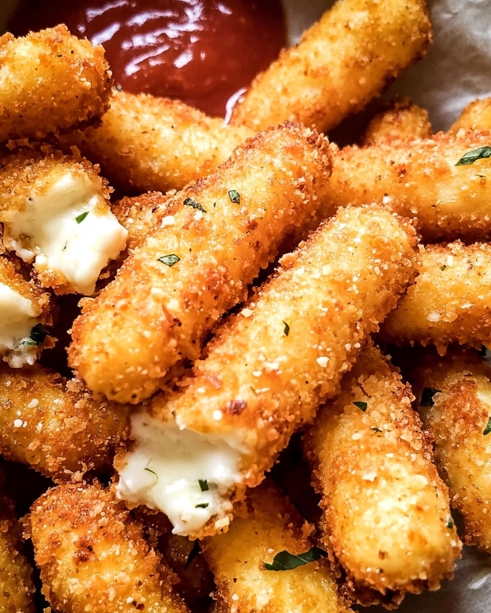 Mozzarella sticks with cheese and ketchup.
