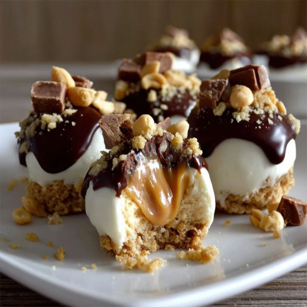 A plate of desserts with chocolate and peanut butter toppings.